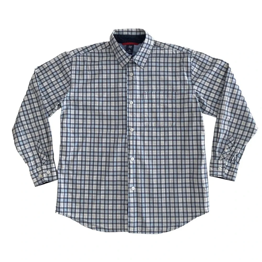 GAP Kids XL 12 Plaid SHIRT White Blue Gray button down Long Sleeve‎ Chest Pocket
